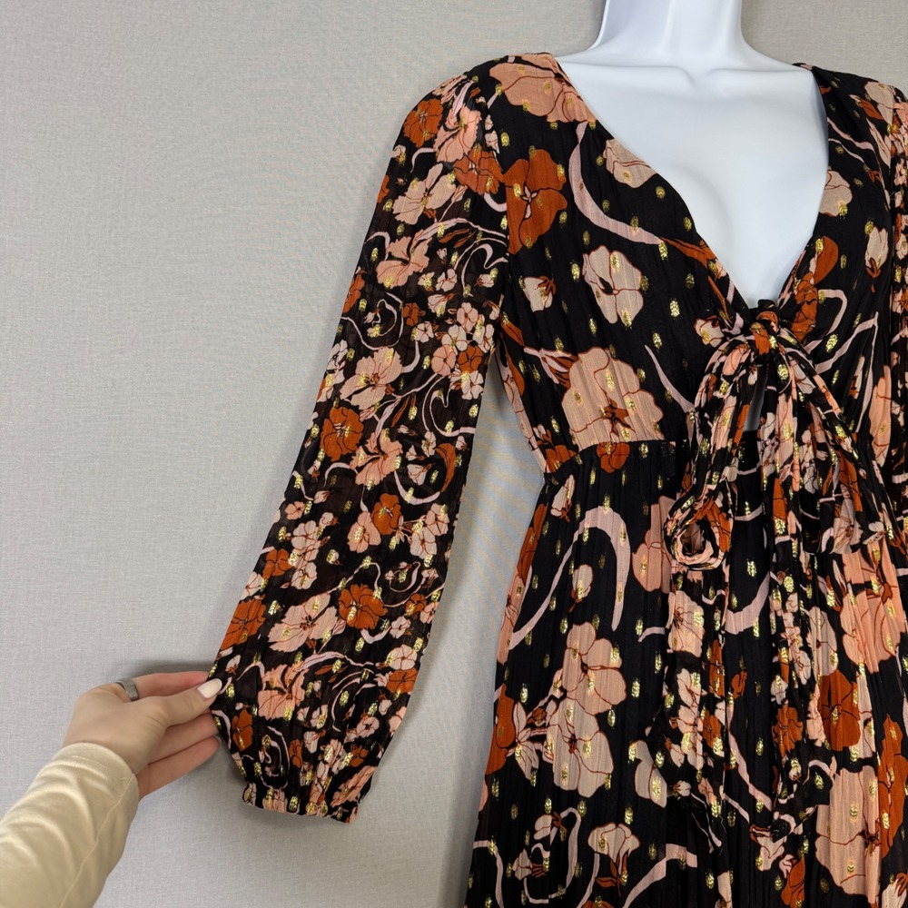 J.Crew Collection Tie-front Lurex Dress Womens XS Black Floral Metallic Sundress - Picture 4 of 16